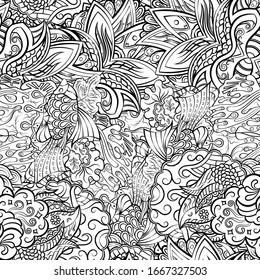 Tracery seamless pattern. Mehndi design. Ethnic monochrome binary doodle texture. Curved doodling black and white background. Vector