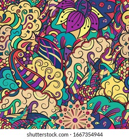 Tracery seamless pattern. Mehndi design. Ethnic colorful doodle texture. Curved doodling background. Vector