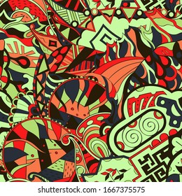 Tracery seamless pattern. Mehndi design. Ethnic colorful doodle texture. Curved doodling background. Vector
