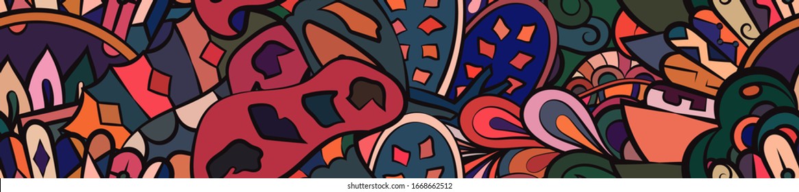 Tracery seamless pattern. Mehndi design. Ethnic colorful doodle texture. Curved doodling background. Vector
