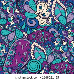 Tracery seamless pattern. Mehndi design. Ethnic colorful doodle texture. Curved doodling background. Vector