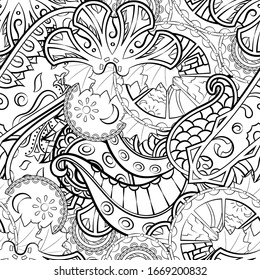 Tracery seamless pattern. Mehndi design. Ethnic monochrome binary doodle texture. Curved doodling black and white background. Vector