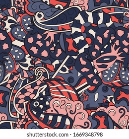 Tracery seamless pattern. Mehndi design. Ethnic colorful doodle texture. Curved doodling background. Vector