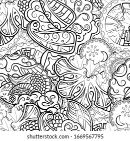 Tracery seamless pattern. Mehndi design. Ethnic monochrome binary doodle texture. Curved doodling black and white background. Vector