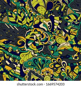 Tracery seamless pattern. Mehndi design. Ethnic colorful doodle texture. Curved doodling background. Vector