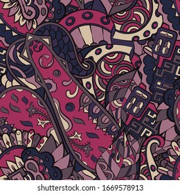 Tracery seamless pattern. Mehndi design. Ethnic colorful doodle texture. Curved doodling background. Vector