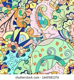 Tracery seamless pattern. Mehndi design. Ethnic colorful doodle texture. Curved doodling background. Vector