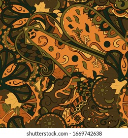 Tracery seamless pattern. Mehndi design. Ethnic colorful doodle texture. Curved doodling background. Vector