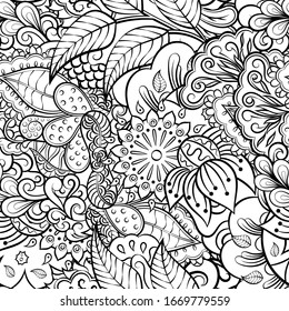 Tracery seamless pattern. Mehndi design. Ethnic monochrome binary doodle texture. Curved doodling black and white background. Vector