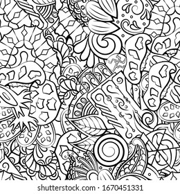 Tracery seamless pattern. Mehndi design. Ethnic monochrome binary doodle texture. Curved doodling black and white background. Vector