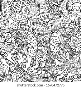 Tracery seamless pattern. Mehndi design. Ethnic monochrome binary doodle texture. Curved doodling black and white background. Vector
