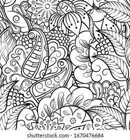 Tracery seamless pattern. Mehndi design. Ethnic monochrome binary doodle texture. Curved doodling black and white background. Vector