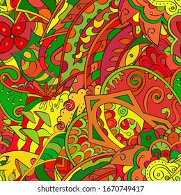 Tracery seamless pattern. Mehndi design. Ethnic colorful doodle texture. Curved doodling background. Vector