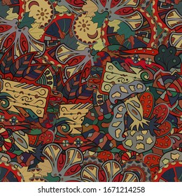 Tracery seamless pattern. Mehndi design. Ethnic colorful doodle texture. Curved doodling background. Vector