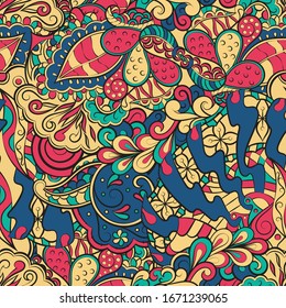 Tracery seamless pattern. Mehndi design. Ethnic colorful doodle texture. Curved doodling background. Vector
