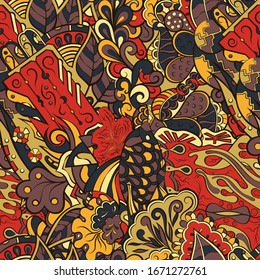 Tracery seamless pattern. Mehndi design. Ethnic colorful doodle texture. Curved doodling background. Vector