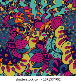 Tracery seamless pattern. Mehndi design. Ethnic colorful doodle texture. Curved doodling background. Vector