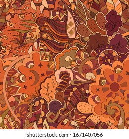 Tracery seamless pattern. Mehndi design. Ethnic colorful doodle texture. Curved doodling background. Vector