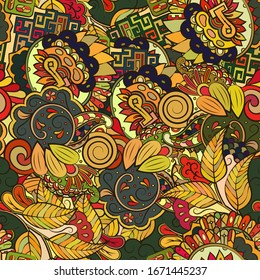 Tracery seamless pattern. Mehndi design. Ethnic colorful doodle texture. Curved doodling background. Vector
