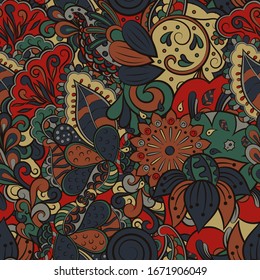 Tracery seamless pattern. Mehndi design. Ethnic colorful doodle texture. Curved doodling background. Vector