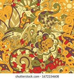 Tracery seamless pattern. Mehndi design. Ethnic colorful doodle texture. Curved doodling background. Vector
