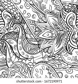Tracery seamless pattern. Mehndi design. Ethnic monochrome binary doodle texture. Curved doodling black and white background. Vector