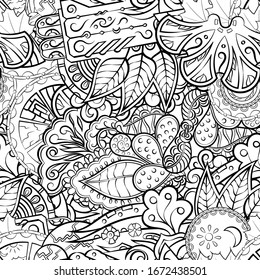 Tracery seamless pattern. Mehndi design. Ethnic monochrome binary doodle texture. Curved doodling black and white background. Vector