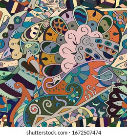 Tracery seamless pattern. Mehndi design. Ethnic colorful doodle texture. Curved doodling background. Vector