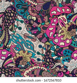 Tracery seamless pattern. Mehndi design. Ethnic colorful doodle texture. Curved doodling background. Vector
