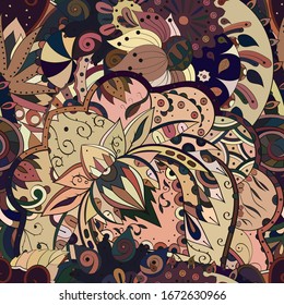 Tracery seamless pattern. Mehndi design. Ethnic colorful doodle texture. Curved doodling background. Vector