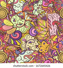 Tracery seamless pattern. Mehndi design. Ethnic colorful doodle texture. Curved doodling background. Vector