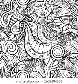 Tracery seamless pattern. Mehndi design. Ethnic monochrome binary doodle texture. Curved doodling black and white background. Vector