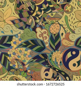 Tracery seamless pattern. Mehndi design. Ethnic colorful doodle texture. Curved doodling background. Vector