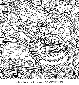 Tracery seamless pattern. Mehndi design. Ethnic monochrome binary doodle texture. Curved doodling black and white background. Vector