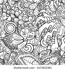 Tracery seamless pattern. Mehndi design. Ethnic monochrome binary doodle texture. Curved doodling black and white background. Vector