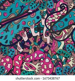 Tracery seamless pattern. Mehndi design. Ethnic colorful doodle texture. Curved doodling background. Vector