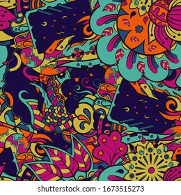 Tracery seamless pattern. Mehndi design. Ethnic colorful doodle texture. Curved doodling background. Vector