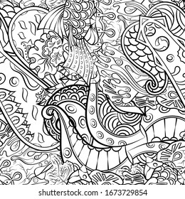 Tracery seamless pattern. Mehndi design. Ethnic monochrome binary doodle texture. Curved doodling black and white background. Vector