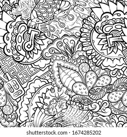 Tracery seamless pattern. Mehndi design. Ethnic monochrome binary doodle texture. Curved doodling black and white background. Vector