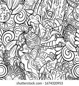 Tracery seamless pattern. Mehndi design. Ethnic monochrome binary doodle texture. Curved doodling black and white background. Vector