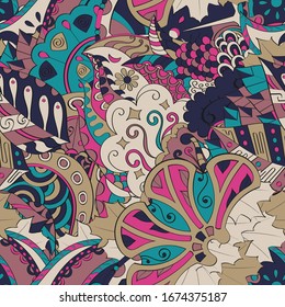 Tracery seamless pattern. Mehndi design. Ethnic colorful doodle texture. Curved doodling background. Vector