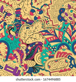 Tracery seamless pattern. Mehndi design. Ethnic colorful doodle texture. Curved doodling background. Vector