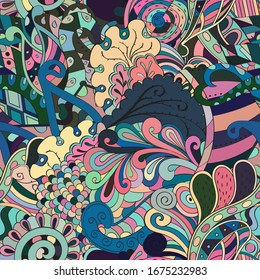 Tracery seamless pattern. Mehndi design. Ethnic colorful doodle texture. Curved doodling background. Vector