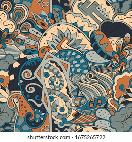 Tracery seamless pattern. Mehndi design. Ethnic colorful doodle texture. Curved doodling background. Vector