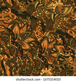 Tracery seamless pattern. Mehndi design. Ethnic colorful doodle texture. Curved doodling background. Vector