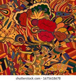 Tracery seamless pattern. Mehndi design. Ethnic colorful doodle texture. Curved doodling background. Vector
