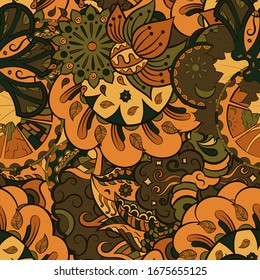 Tracery seamless pattern. Mehndi design. Ethnic colorful doodle texture. Curved doodling background. Vector