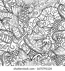 Tracery seamless pattern. Mehndi design. Ethnic monochrome binary doodle texture. Curved doodling black and white background. Vector