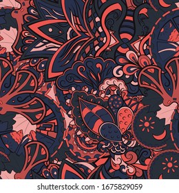 Tracery seamless pattern. Mehndi design. Ethnic colorful doodle texture. Curved doodling background. Vector