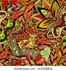 Tracery seamless pattern. Mehndi design. Ethnic colorful doodle texture. Curved doodling background. Vector